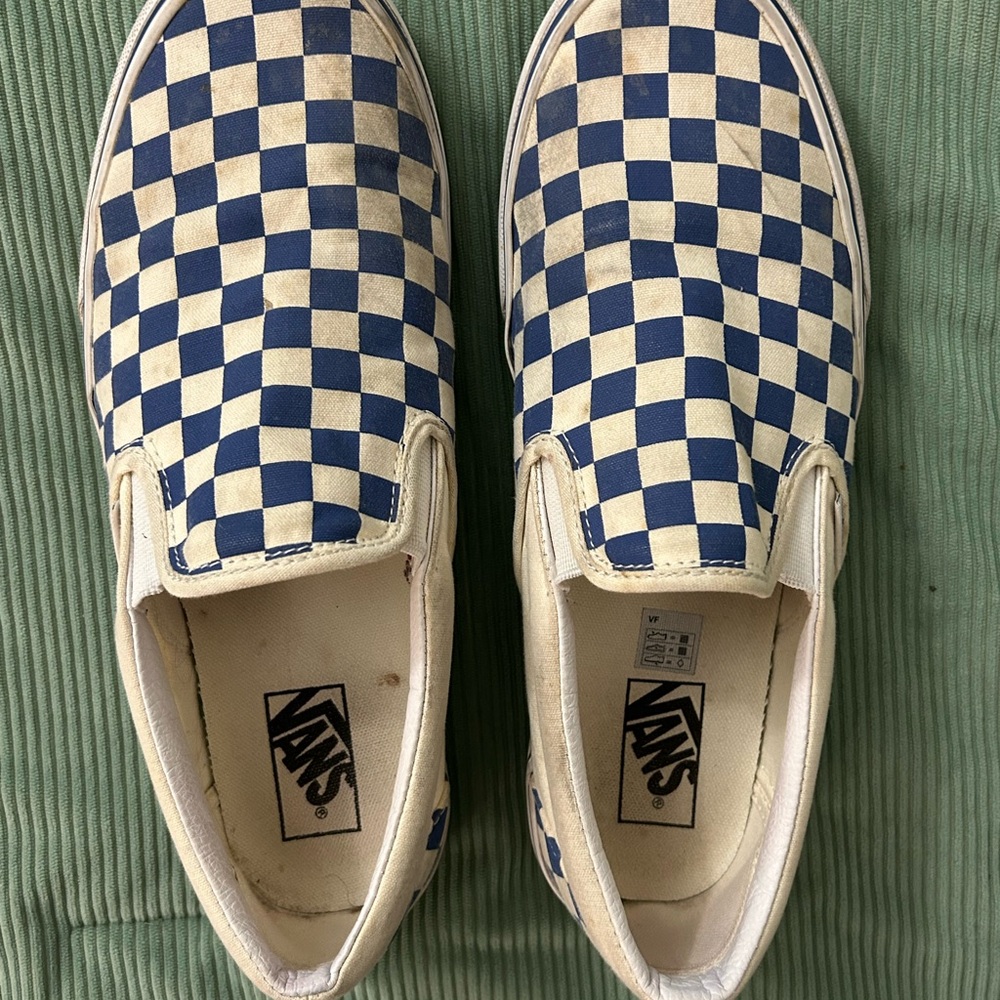 Vans Classic Blue and Cream Checkered Slip-Ons